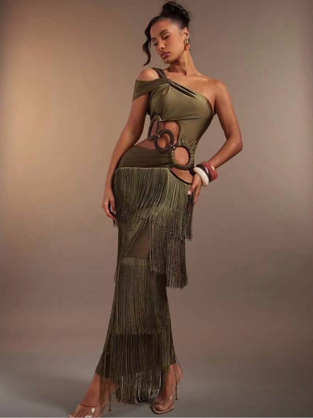 Olive One-Shoulder Fringe Cutout Evening Dress